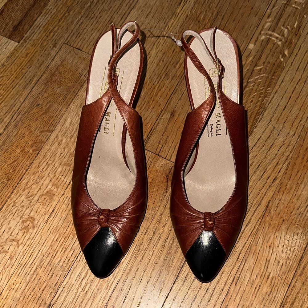 Bruno Magli Brown Leather Slingback Pumps with Black Toe
